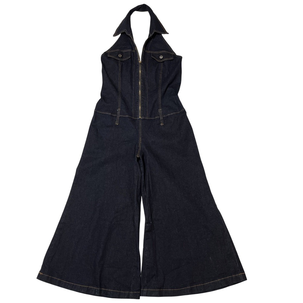 Vintage Goodtimes Y2K Denim Jumpsuit Wide Leg Open Back Size 2XL 70s Festival